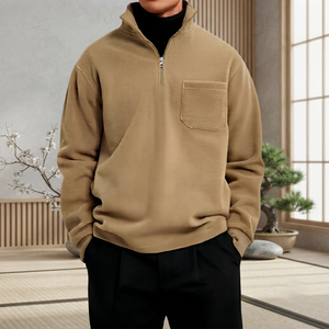 Suéter de Forro Polar con Cierre de Cremallera de un Cuarto para Hombre, Color Caqui, con Bolsillo en el Pecho, Corte Regular, Ropa Casual de Otoño - Product Image 2