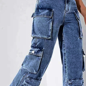 Pantalones vaqueros cargo holgados para mujer, transpirables, casuales, azules lavados, de pierna ancha, multibolsillos, estilo techwear, con logo en la cintura - Product Image 5