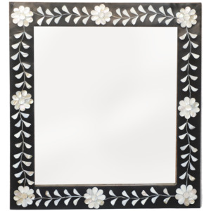 Handcrafted Matte Black Wood Framed Wall <b>Mirror</b> with Mother-of-Pearl Inlay | Bohemian Home Decor - Product Image 1
