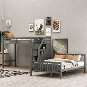 Letto a soppalco grigio con letto singolo sopra e letto matrimoniale, con scala, mobili per bambini - Product Image 4