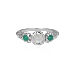 Anillo de Plata de Ley 925 con Tres Piedras Naturales de Piedra Lunar y Ónix Verde, Anillo de Piedras Preciosas con Textura Orgánica Hecho a Mano para Mujer - Product Image 1