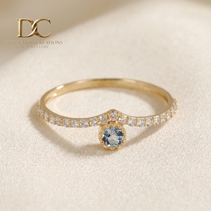 Bague ethnique en or jaune massif 14 carats avec diamant de laboratoire et aquamarine, design élégant, bijoux fins pour femmes, mariage, fiançailles - Product Image 5