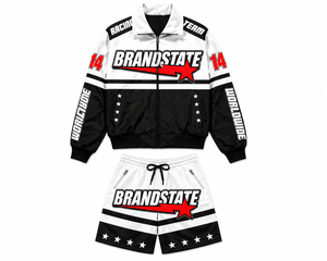 ชุดเซ็ตสปอร์ตสไตล์มอเตอร์สปอร์ตสำหรับผู้หญิง เสื้อแจ็คเก็ตและกางเกงขาสั้นทรงเข้ารูป สีพื้น เหมาะสำหรับฤดูใบไม้ผลิ/ฤดูร้อน ชุดลำลองสตรีทแวร์แบบสั่งทำพิเศษสำหรับการแข่งรถ - Product Image 1