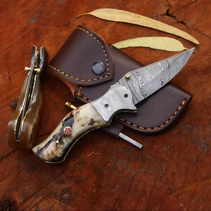 Couteau utilitaire pliant en acier Damas, lame pointue, manche en bois de cerf, étui de transport vertical, couteau de poche EDC pour la chasse et le camping, support ODM - Product Image 1