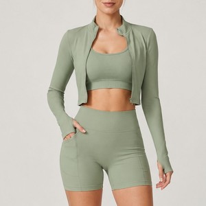 Green 3-Piece Yoga Set With Crop <b>Top</b> High Waist Shorts <b>Zipper</b> Jacket Seamless Breathable Full Sleeve Design - Product Image 1