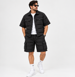 Men's Black <b>Quilted</b> Knitted 140g Short Sleeve <b>Shirt</b> and Shorts Set Turn-Down Collar Thermal Casual Winter Wear - Product Image 3