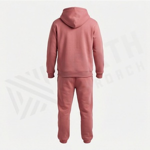 Unisex <b>Pink</b> Hooded <b>Tracksuit</b> Solid Color Casual Full Length Cotton Sweatshirt And Pants Set With Drawstring Closure - Product Image 2