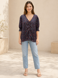 Navy Blue Floral Print Top V Neck Puff Half Sleeve Ruched Front Ladies Tunic Shirt Casual Daily Wear Clothes Wholesale Exporter - Product Image 1