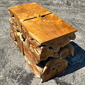 Reclaimed Wood Octagonal Pedestal Side <b>Table</b> - Boho Chic Handcrafted Wholesale - Product Image 3