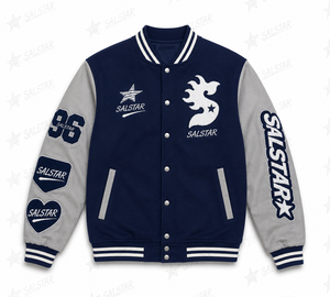 Veste universitaire personnalisée pour homme, veste de baseball en laine bleue avec manches en cuir gris et patch brodé, style bomber - Product Image 3