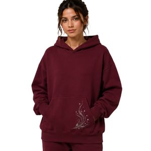Sudadera con Capucha Extra Grande para Mujer, Color Borgoña, con Diseño Minimalista de Pedrería, Felpa de Algodón Premium, Estilo Casual de Invierno - Product Image 1