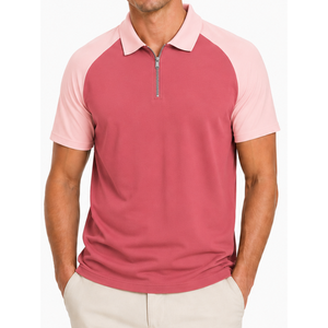 Polo à col zippé pour homme, rose vif et rose clair, manches raglan color block, logo personnalisé, très demandé, pour le golf - Product Image 1