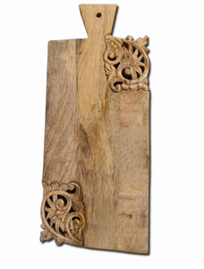 Premium Mango Wood Carved Chopping Board Dual <b>Corner</b> Ornate Detailing Smooth Durable Surface Food Safe Kitchen Serving Platter - Product Image 1