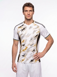 Maillot de football sublimé pour homme, col en V, manches courtes, anti-transpiration, coupe athlétique, imprimé camouflage blanc, noir, or - Product Image 2
