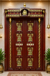 Puerta Principal de Teca de Birmania Estilo Antiguo para Sala de Pooja, con Adornos del Divino Señor Ganapathi, a Precio de Fábrica - Product Image 3