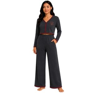 Ensemble de pyjama long à manches longues pour femme, couleur anthracite et bordeaux, avec cardigan court et pantalon large, doux, respirant, pour la détente et le sommeil, personnalisable - Product Image 1