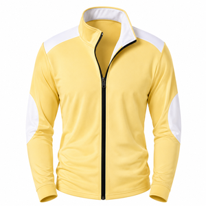 Blouson de sport jaune pour homme avec blocs de couleur blancs, col montant, fermeture éclair, en polyester tricoté respirant, idéal pour l'automne - Product Image 1