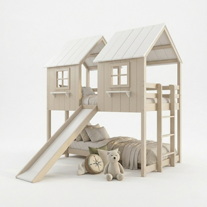 Twin Size Wooden Bunk <b>Bed</b> With Slide <b>House</b> Design White Pink Scandinavian Style Kids <b>Bed</b> - Product Image 5