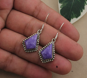 Boucles d'oreilles pendantes en Charoïte naturelle, argent sterling 925, pierre précieuse violette rare en forme de tourbillon, sertie clos, bijoux fins de luxe en forme de goutte d'eau, vente en gros - Product Image 4