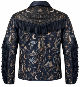 Veste en cuir à franges imprimée Cosmic Gunslinger pour homme, en cuir de vachette bleu marine, style western, fournisseur direct d'usine - Product Image 2