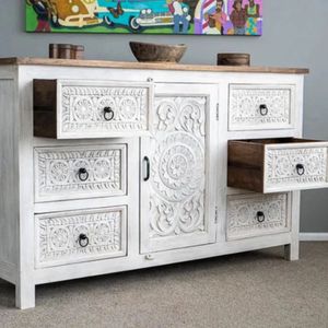 Carved Solid Wood Farmhouse Dining <b>Sideboard</b> Cabinet 6 Drawer <b>Storage</b> Console Freestanding Entryway Living Room Buffet 4 ft - Product Image 5