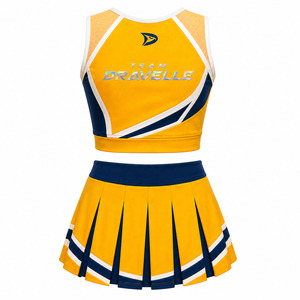 Uniforme de Animadora Personalizado al por Mayor, Conjunto de Ropa Deportiva en Amarillo Azafrán y Azul Petrol, Ropa de Equipo - Product Image 3
