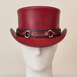 High Quality Custom Handmade Unisex Red Leather Steampunk Top <b>Hat</b> With Ring Band Festival Cosplay <b>Hat</b> - Product Image 5