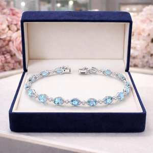 Bracelet de fiançailles et de mariage en aquamarine naturelle taille ovale, or blanc 18 carats, pierre précieuse bleue de luxe, cadeau pour femme - Product Image 3