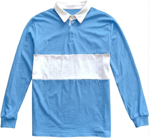 Polo à manches longues en coton tricoté, style rugby, coloris bleu ciel et blanc, coupe color block, respirant, vêtements de mode. - Product Image 1