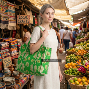 Bolso Tote Grande de Verano para Mujer, de Algodón Acolchado con Estampado de Palmeras Verdes, Hecho a Mano en Jaipur, Ideal para la Playa o Viajes - Product Image 5