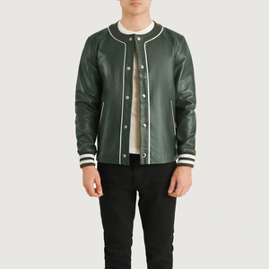 <b>Men's</b> Green PU <b>Leather</b> Bomber <b>Jacket</b> Crew Neck Regular Fit Solid Color Button Closure Autumn Casual Wear - Product Image 1