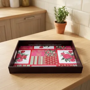 KAMRAN - Juego de 3 Bandejas para Servir Comida con Estampado Floral Personalizado, Asa Móvil, Estilo Shabby Chic, Madera MDF, Utensilios de Cocina para el Hogar - Product Image 3