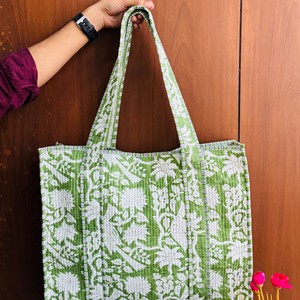 Green Floral Quilted Cotton Tote <b>Bag</b> Bohemian Style Open Top Shopping <b>Bag</b> All Seasons - Product Image 1