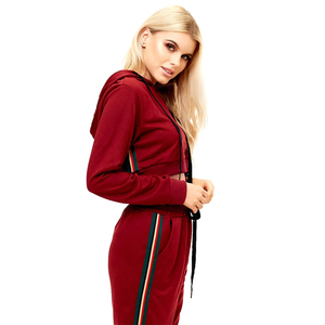 Women Red Hooded Cropped Sweatshirt & <b>Jogger</b> <b>Set</b> Full Sleeve Solid Color Casual Tracksuit With Side Pockets Drawstring Waist - Product Image 5