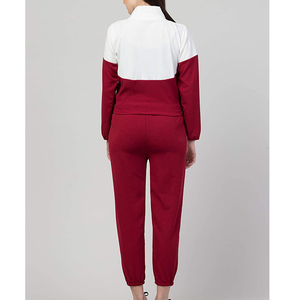 Ensemble de survêtement pour femmes, rouge et blanc, blocs de couleur, manches longues, pantalon de jogging sportif avec cordon de serrage, polyester respirant - Product Image 2