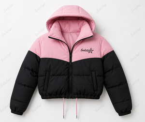 Blouson matelassé court rose et noir pour femme avec logo personnalisé, à capuche, d'hiver, style bomber, fabricant OEM/ODM en gros - Product Image 4