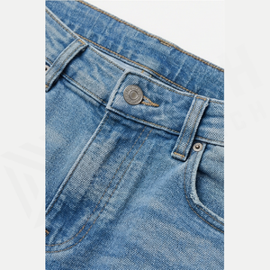 Jean en denim déchiré coupe slim pour homme, taille mi-haute, jambe droite, en coton, style décontracté, bleu délavé, collection printemps - Product Image 4