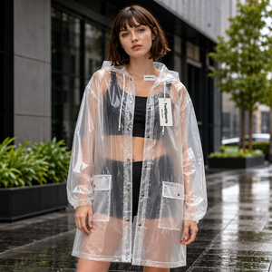 Transparent Hooded Winter Rain Coat Unisex Lightweight Waterproof Casual PU Coated 320g Long Coat - Product Image 4