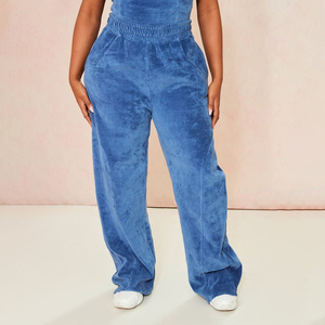 Customized Women Blue Velour Jogger Sweatpant Comfortable Oversized <b>Flared</b> Cargo Pant with Elastic Waist& Side Pocket for Winter - Product Image 1
