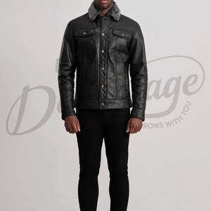Chaqueta de Cuero Negra Premium para Hombre, Estilo Trucker, con Cuello de Piel Sintética Gris, Chaqueta Biker Clásica Acolchada, Ropa de Invierno Abrigada - Product Image 4