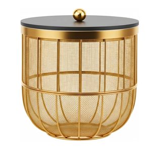 Handmade Gold Metal Mesh Storage Basket <b>Side</b> <b>Table</b> with <b>Black</b> Wooden Lid Modern Wire Basket Coffee <b>Table</b> Decorative Storage Bin - Product Image 1