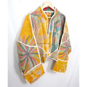 Vintage Women's 100%<b>Kantha</b> <b>Jacket</b> Handmade Indian Embroidered Bohemian Style with openclosure fashionable <b>jackets</b> floral pattern - Product Image 5
