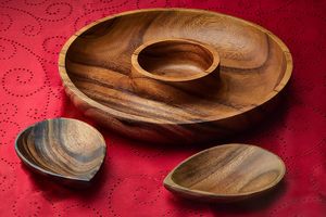 Wooden Disposable Rice <b>Dish</b> Chip and Dip <b>Serving</b> Tray with Salsa Bowl Snack Platter for Modern Design Parties - Product Image 6