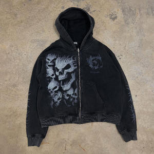 Custom Vintage Skull Solid Zip <b>Hoodie</b> Tracksuit Set <b>Lightweight</b> Cotton Blend Casual Men's Streetwear Logo Color Size Packing - Product Image 2