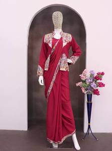 Conjunto de Saree Tradicional de Verano de Lujo 2026, Listo para Usar, con Chaqueta Blazer Bordada, Pantalón Indo-Occidental de Diseñador, para Bodas - Product Image 4