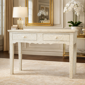 Table console décorative en bois massif avec incrustations en os, table de rangement avec tiroirs pour entrée, couloir, salon - Product Image 1