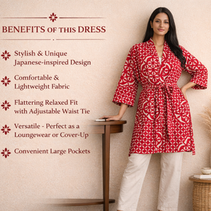 Robe de Nuit Courte de Luxe en Coton Tissé à la Main Rouge à Motifs Floraux, Col en V, Manches Longues, pour Femme - Vente en Gros - Product Image 3