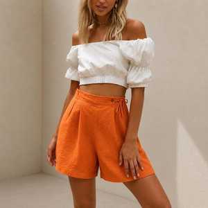 Shorts Oxford Verts Taille Haute pour Femme avec Cordon de Serrage Coupe Droite Couleur Unie Style Décontracté Respirant 100% Coton - Product Image 3
