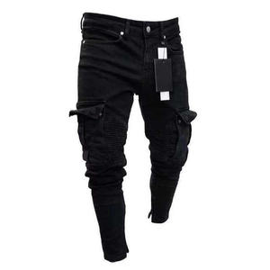 Jeans de Motociclista Negros para Hombre, Cintura Alta, Múltiples Bolsillos, Lavado Desgastado, Algodón y Lona, Corte Recto, para Otoño - Product Image 1