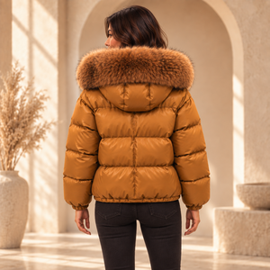 Stylish <b>Womens</b> Beige Satin Puffer Winter <b>Coat</b> <b>Fur</b> <b>Hood</b> Silk Warm Quilted Motorcycle Jacket Luxury Cold Weather Outerwear - Product Image 2